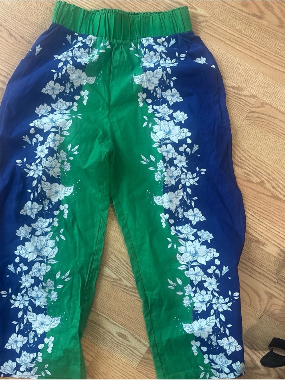 Green & Blue Floral Print pants with Elastic Waist